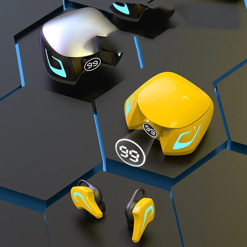 Black grey wireless Bluetooth gaming earbuds with silicone ear tips, shown for mobile gaming use.