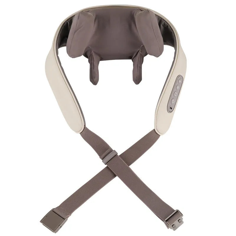 Milky white rechargeable shoulder and neck massager with kneading function and infrared physiotherapy