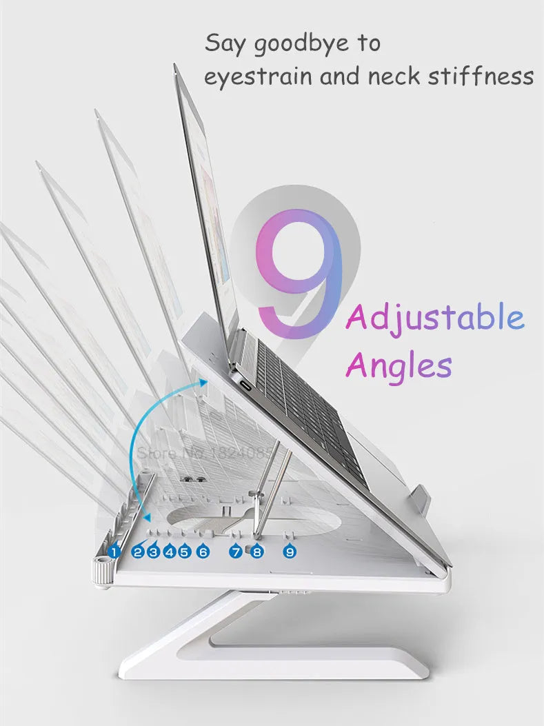 Multifunctional folding notebook stand with 9 adjustable angles, heat dissipation, and anti-slip holder for laptops up to 17 inches