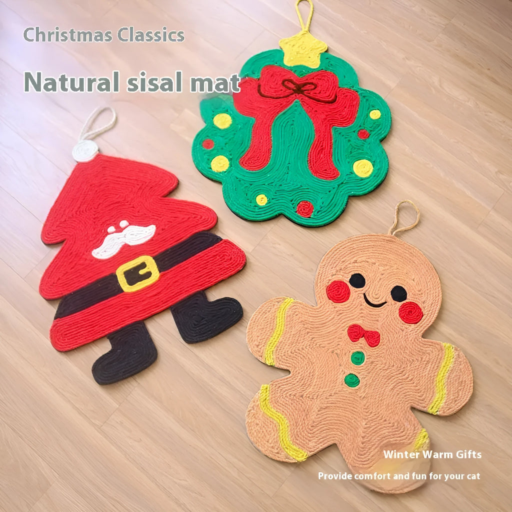 Christmas cat scratch mat in cute style made from natural hemp rope