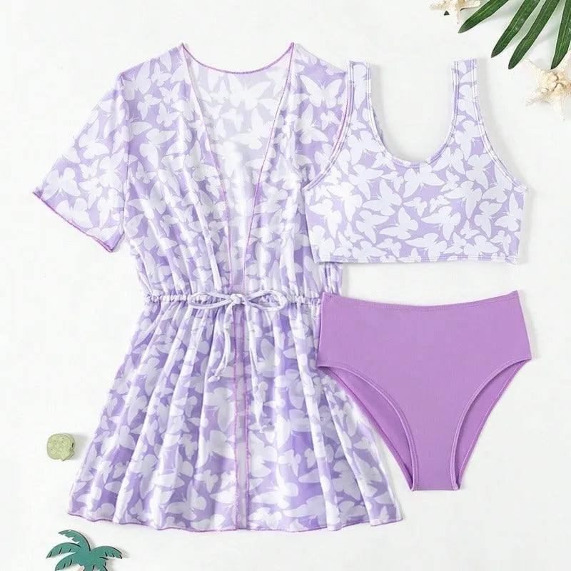 Girls three-piece split swimsuit with cover print design in colour 3218