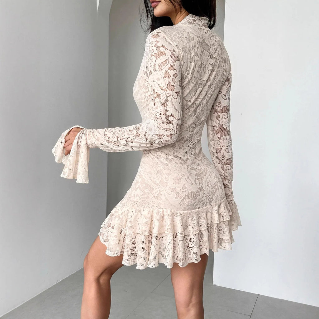 New lace V-neck double-layer ruffled slim-fit mermaid dress in apricot with flower pattern