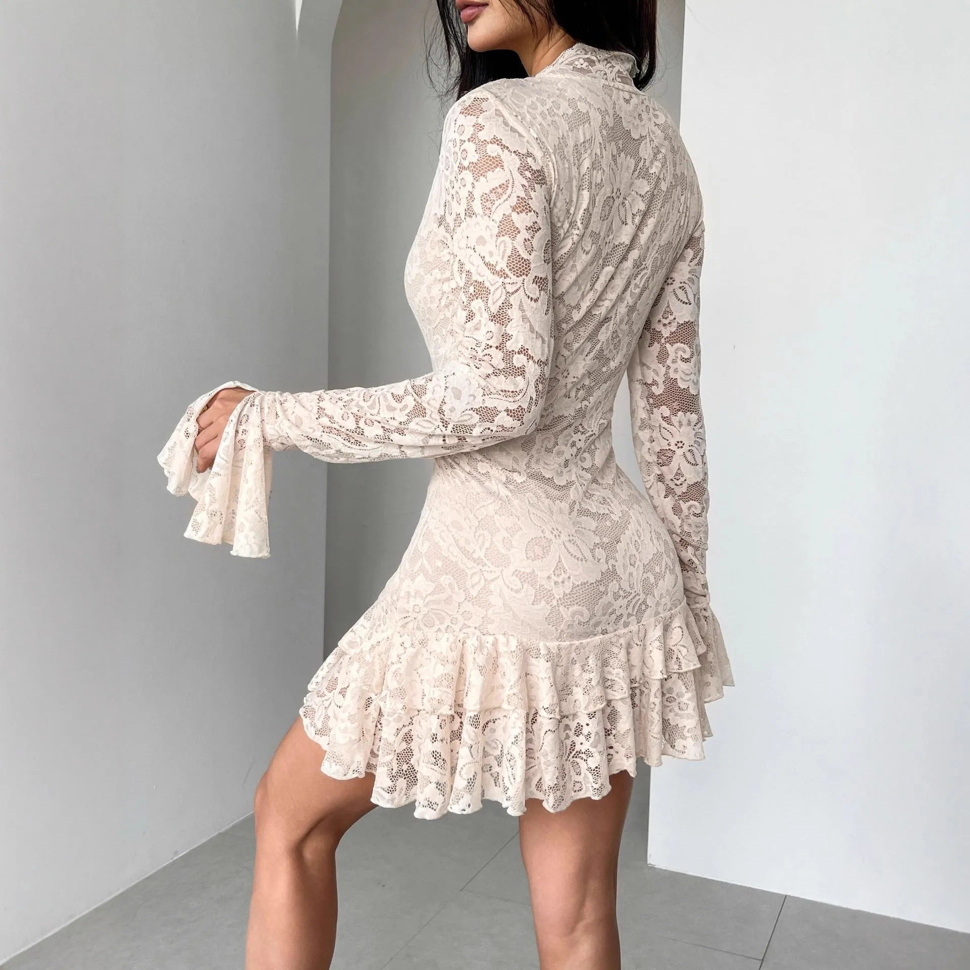 New lace V-neck double-layer ruffled slim-fit mermaid dress in apricot with flower pattern