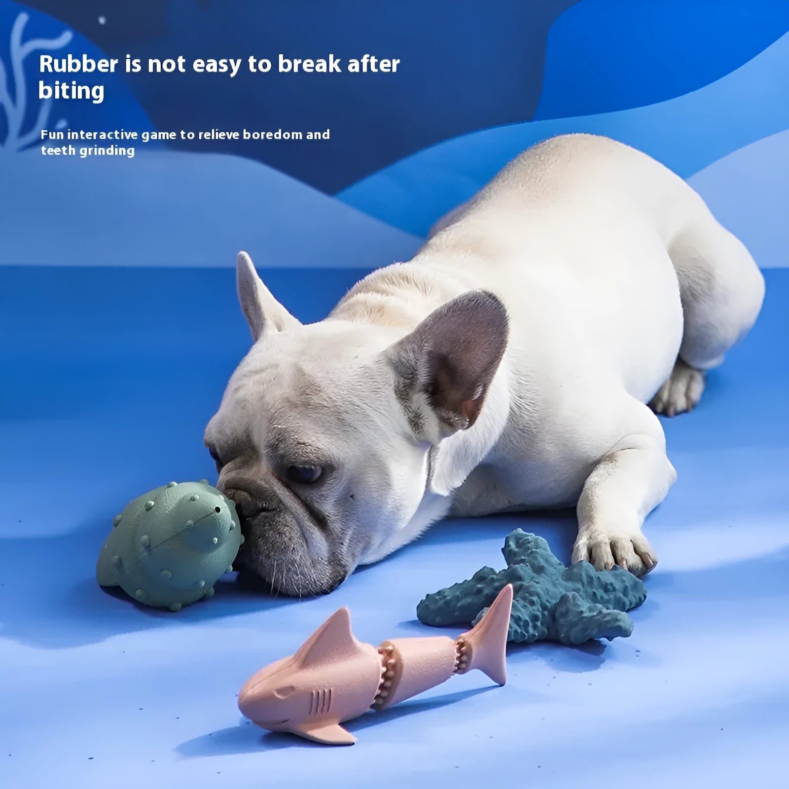 Deep sea shark rubber dog chew toy in marine blue and green colour variants.