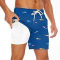 Men's blue shorts with a shark graphic print and a white drawstring waistband.