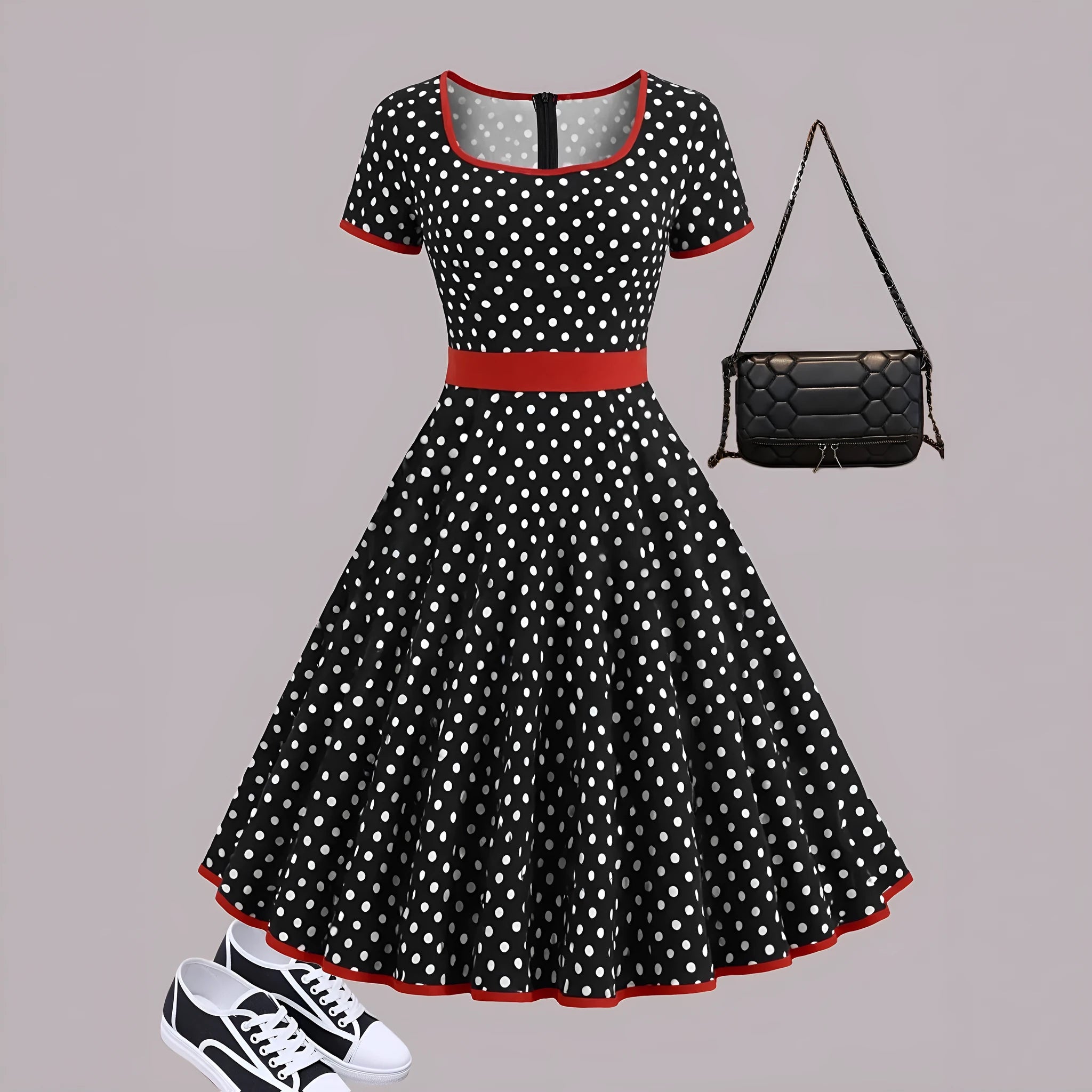 Multicolour polka dot dress with square neckline, short sleeves, front zip, and a pleated midi skirt.