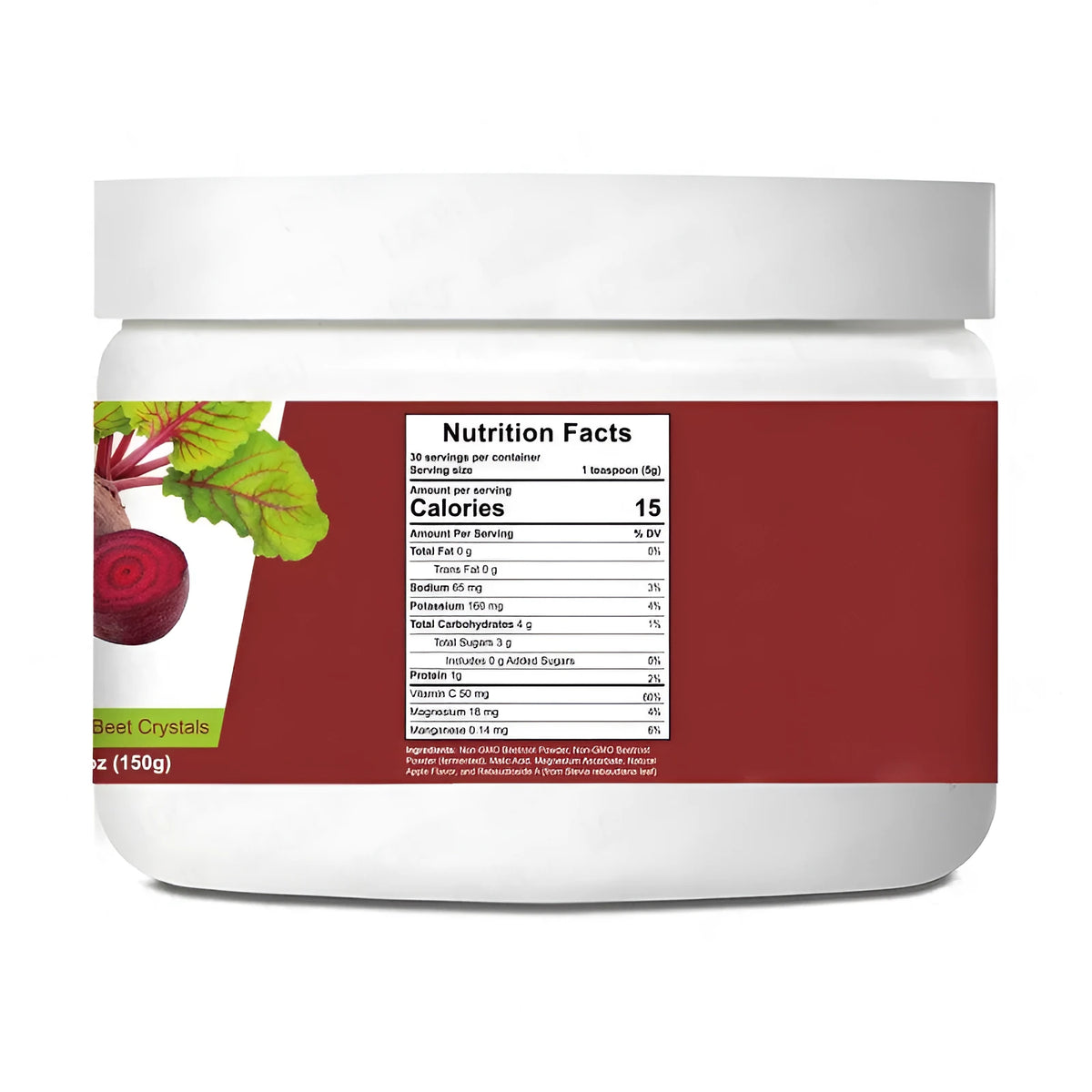 150g jar of apple-flavoured beetroot powder drink mix with vitamin C, magnesium, and potassium
