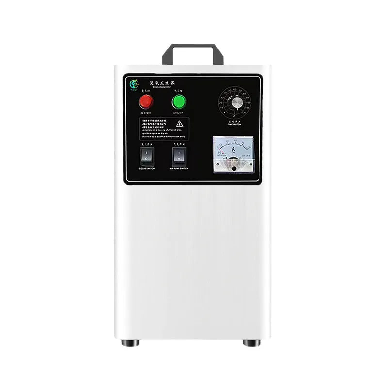 White and stainless steel ozone generator for treating fruits and vegetables, showing air-cooled vents.