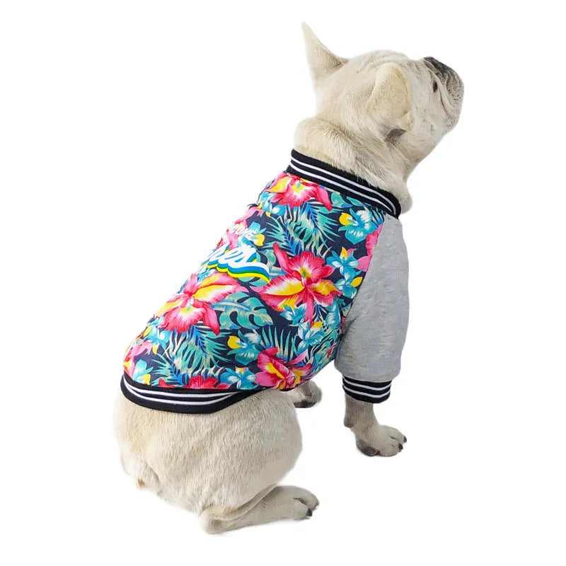 Red stretch printed two-legged dog clothes for pitbull with cotton fleece lining on a light background