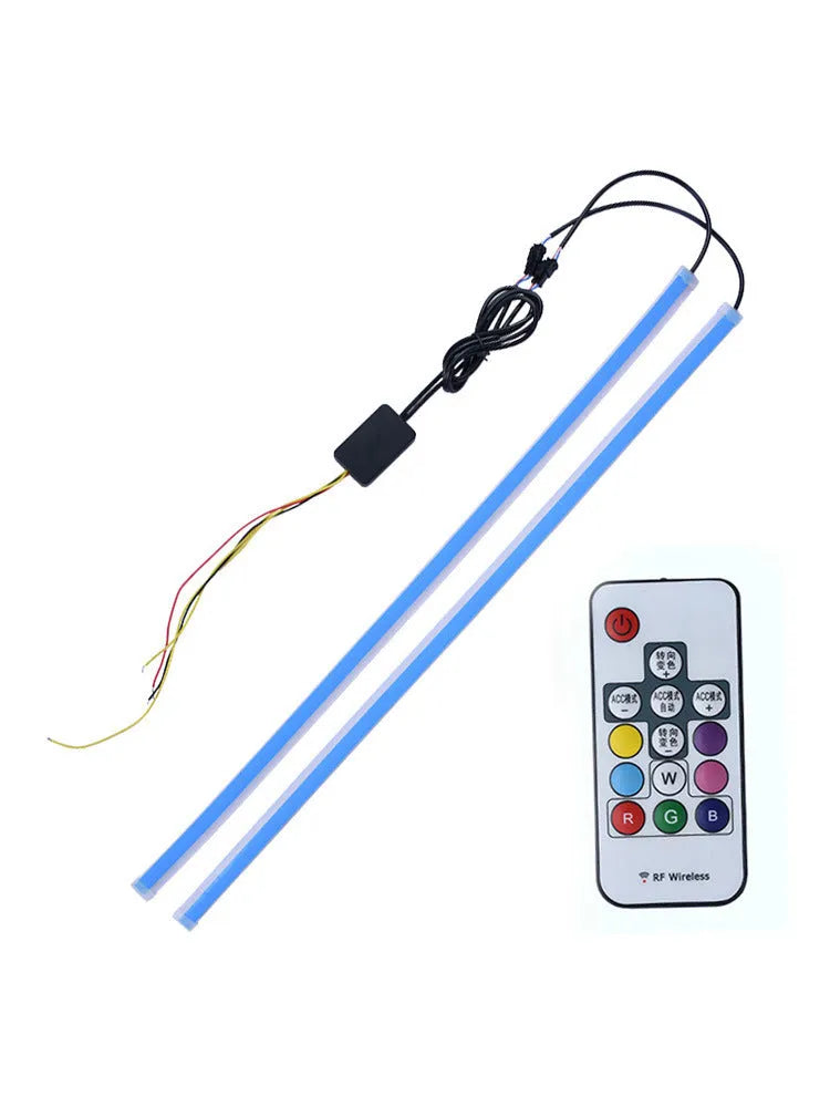 RGB colour-changing LED day running light strip with remote control, shown in 30cm, 45cm, and 60cm lengths.