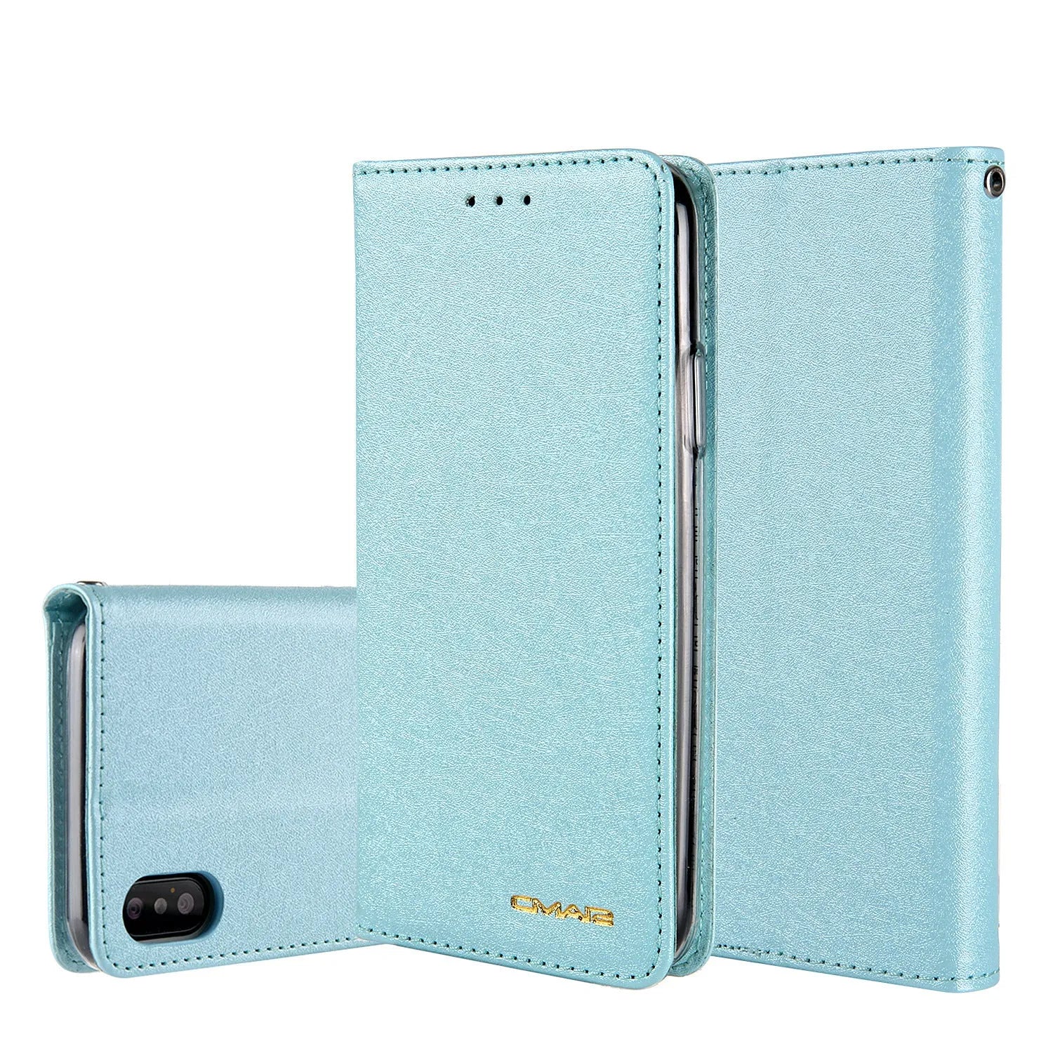 Apple iPhone flip wallet case in PU leather with card slot, shown in multiple colours.