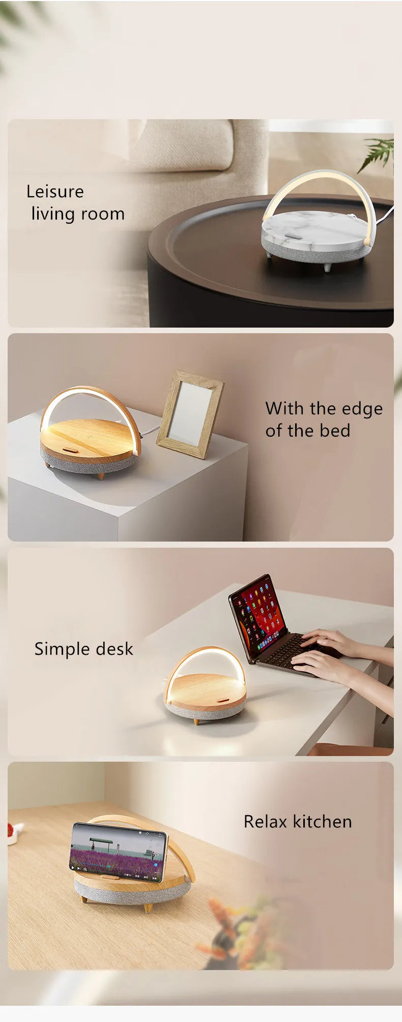 Multi-function wireless charging night light with touch control, ABS/PP body, marbling finish