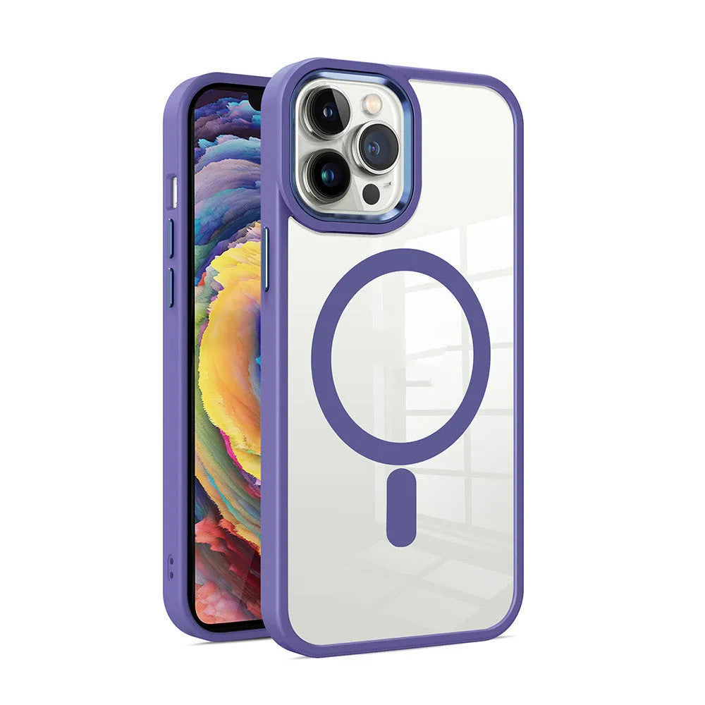 Clear magnetic phone case with coloured silicone bumper on an iPhone, showing MagSafe charger attachment.