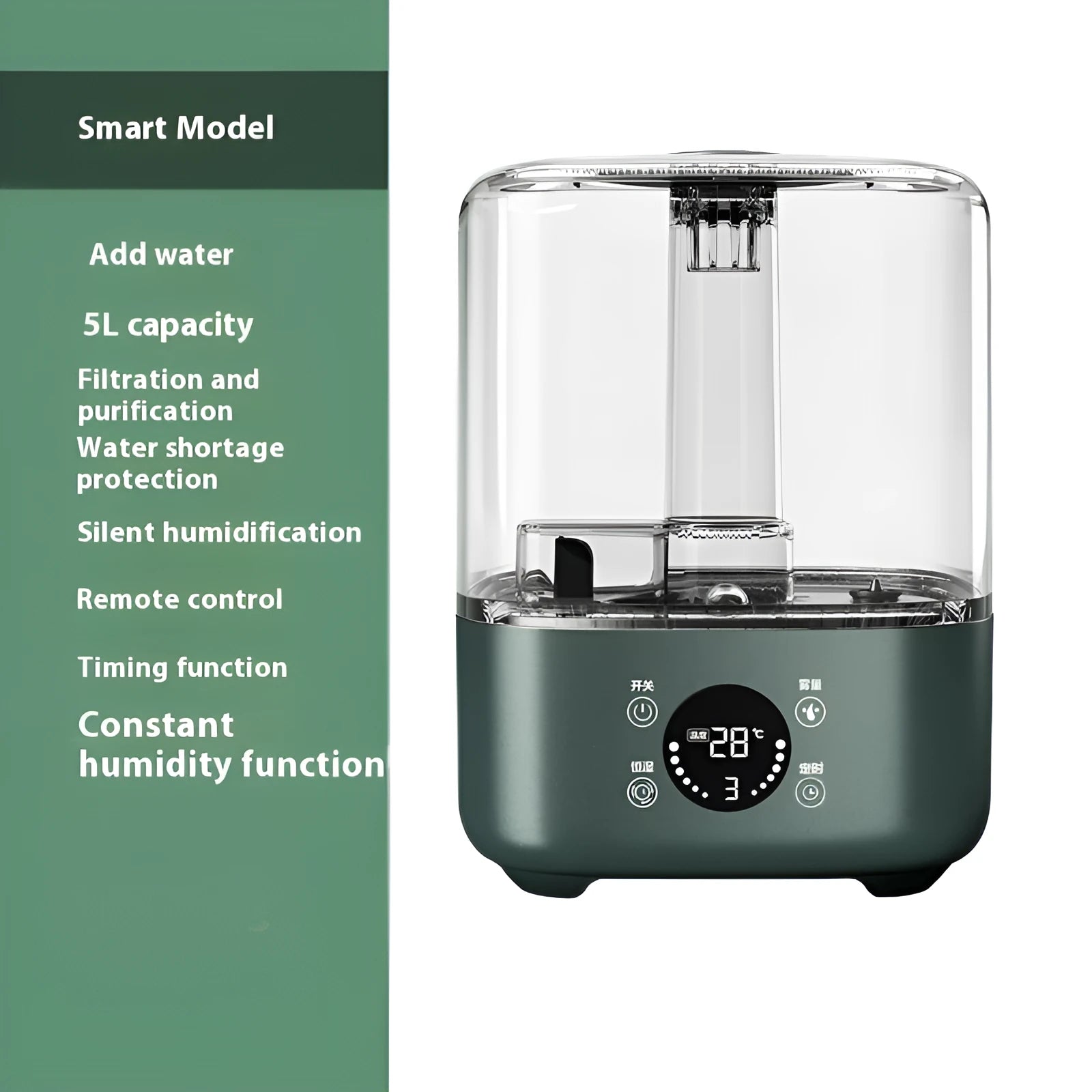 Green KC-112 touch screen humidifier with remote control on a table.