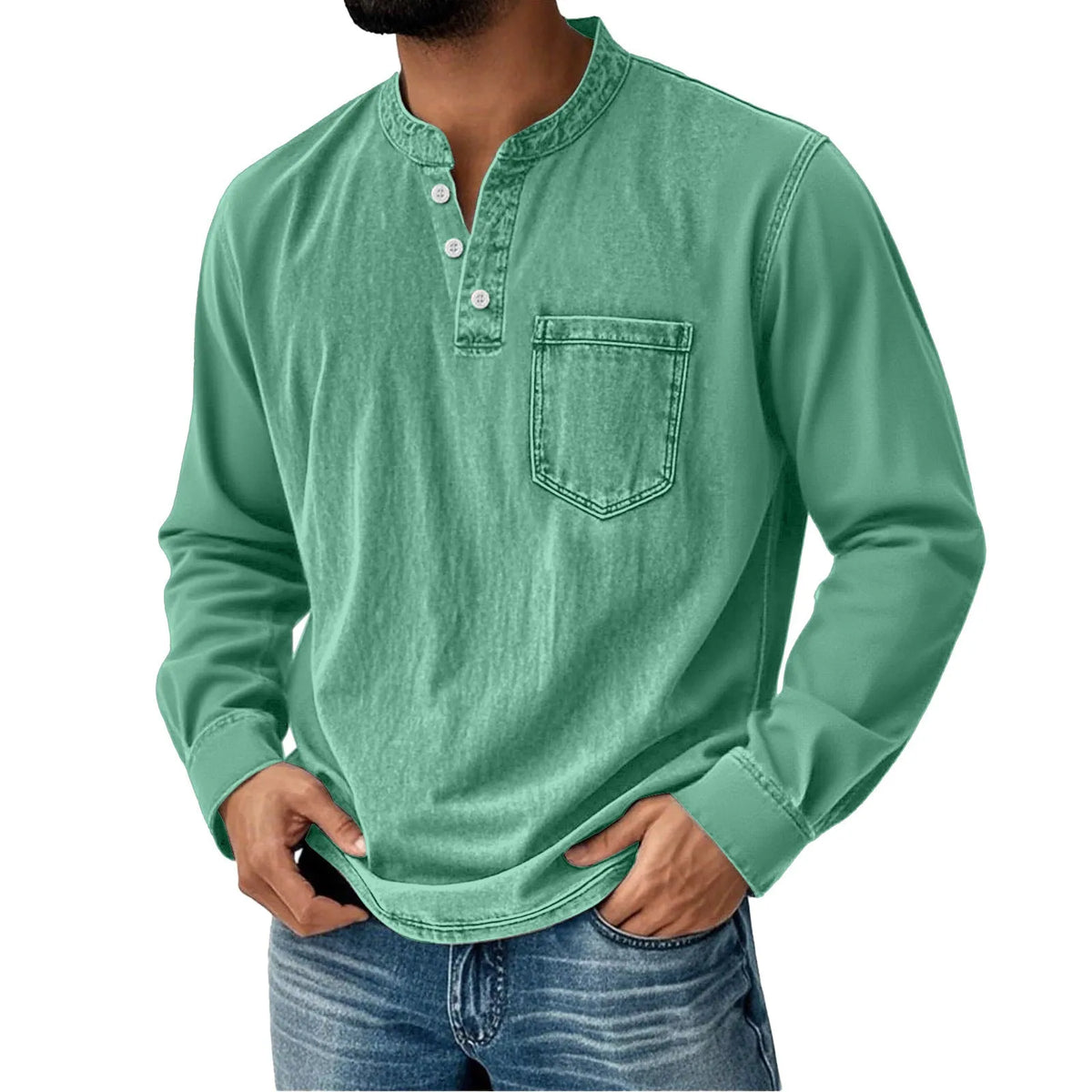 Printed three-button long-sleeve T-shirt for young men, slim fit polyester casual top, sizes XS to 5XL