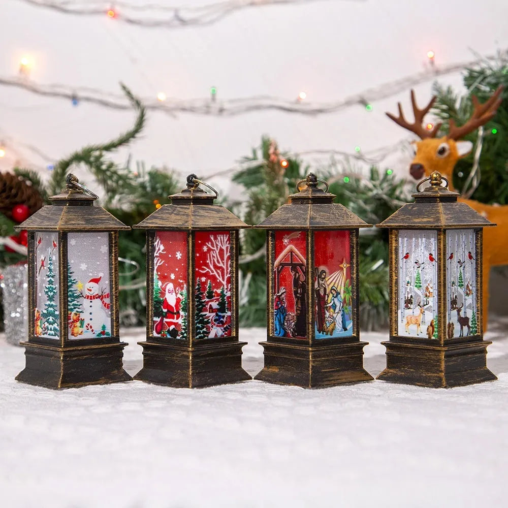 Christmas portable oil lamp with Santa Claus LED design in gold colour on white background