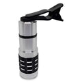 Silver and black telescopic phone lens with a separate metal clip for attachment to a smartphone.