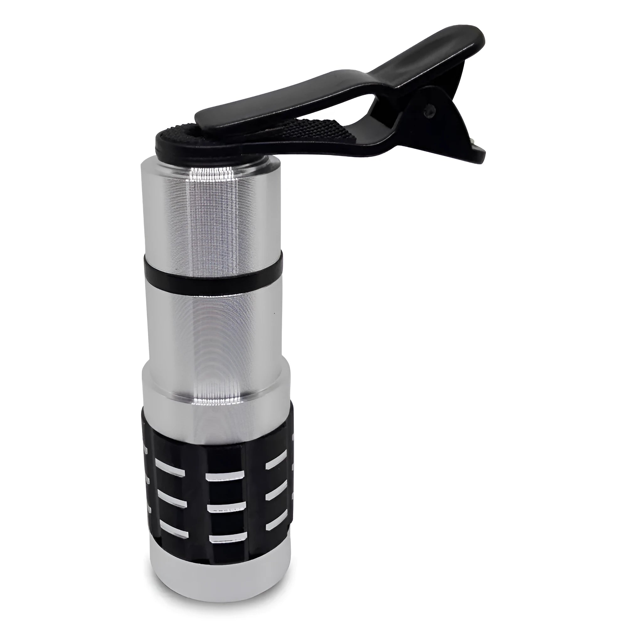 Silver and black telescopic phone lens with a separate metal clip for attachment to a smartphone.