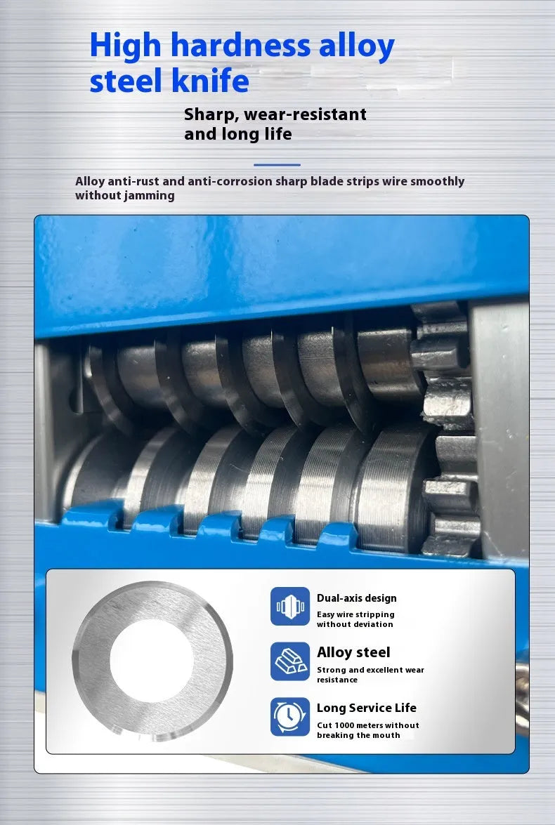 SD-017 manual wire stripping machine tool on a workbench, showing adjustment for cable diameter.