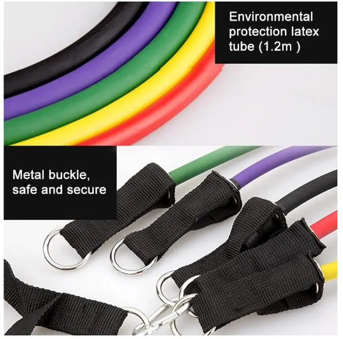 Rally resistance band fitness equipment set with colour-coded latex pull ropes, handles, foot rings, and door buckle