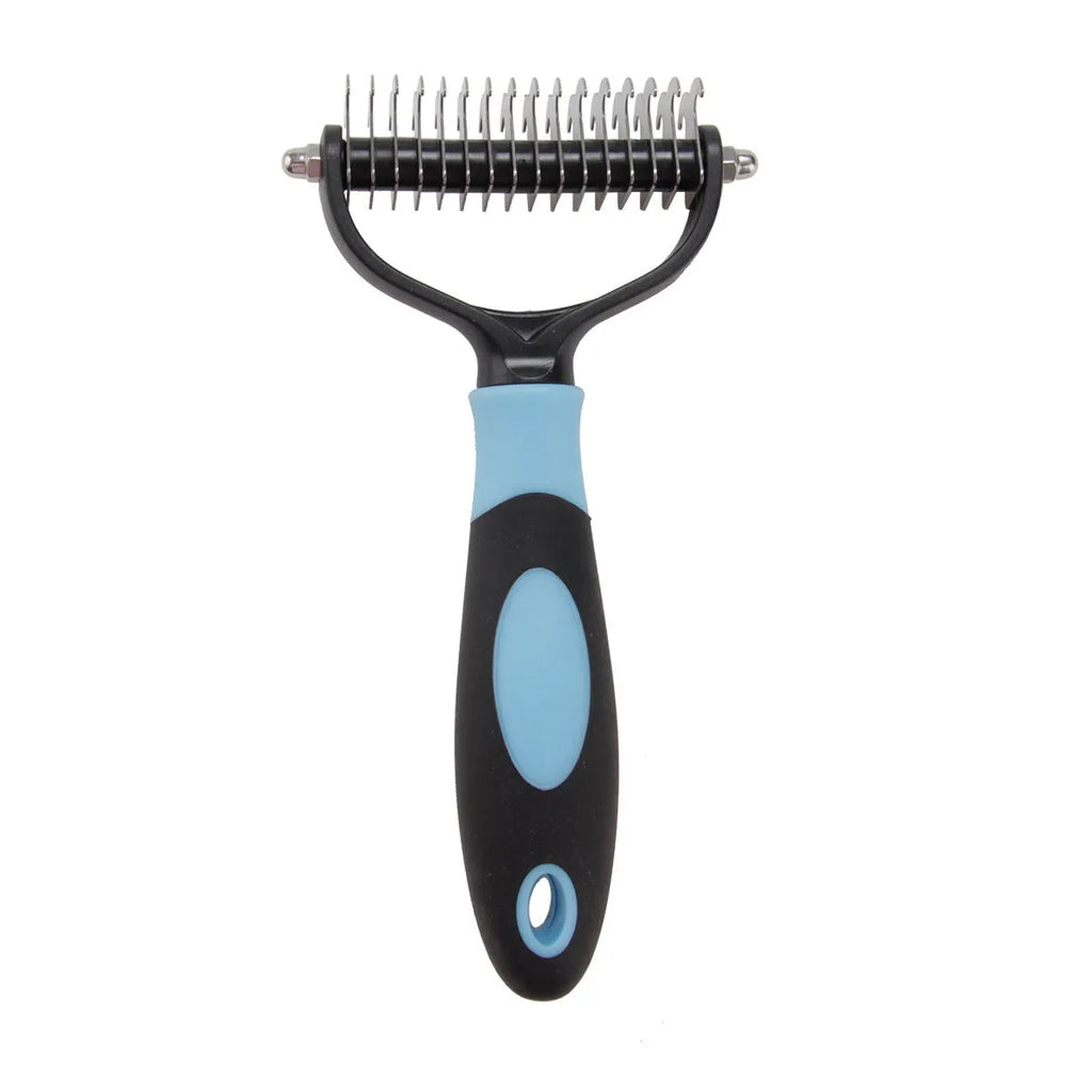 Stainless steel pet dematting comb for dogs and cats, dual-sided grooming tool in blue or red, large or small