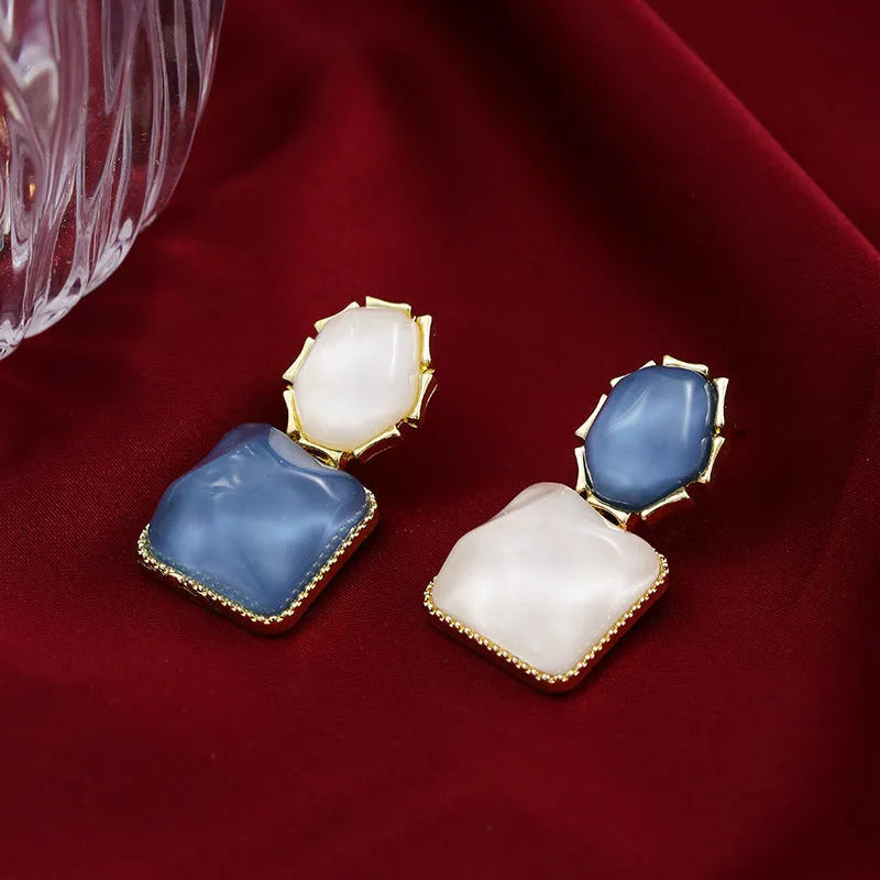 Alloy geometric square earrings with water ripple contrast finish in sapphire blue