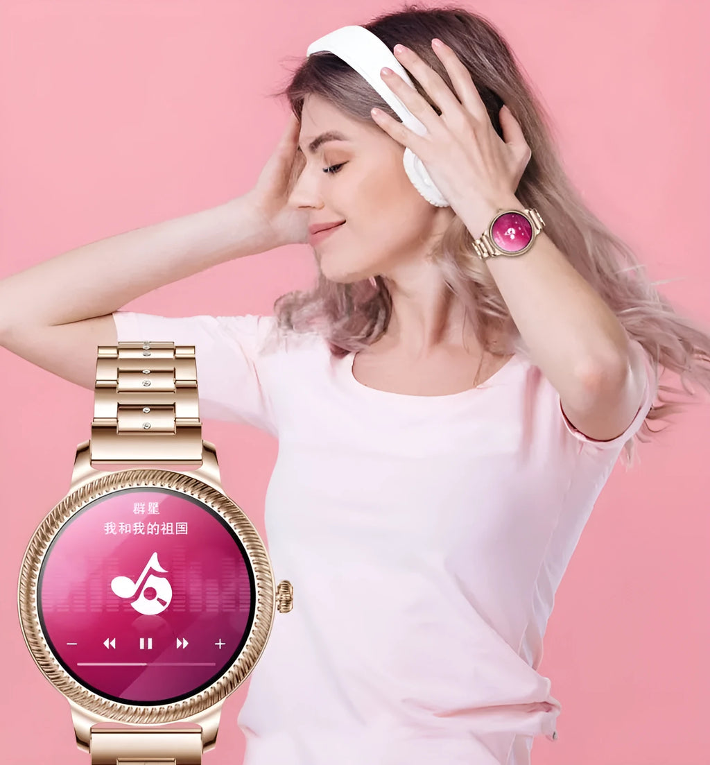 AK38 ladies smart watch with stainless steel Milanese strap and 1.09-inch colour screen.