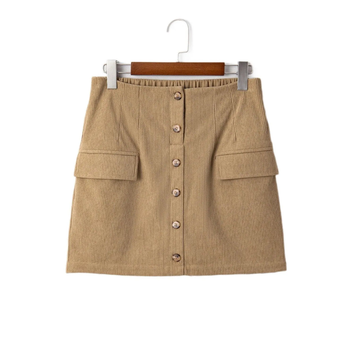 Women's corduroy hip skirt in solid coffee colour, short street-style design with button detail, sizes S to XL