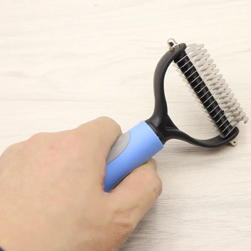 Pet long-haired dog knot comb double-sided blade dematting tool with stainless steel needles ABS TPR handle blue and pink colour options