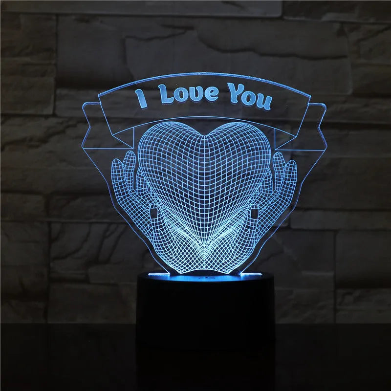 Valentines Day gift 3D night light showing hands holding a heart with seven colour options