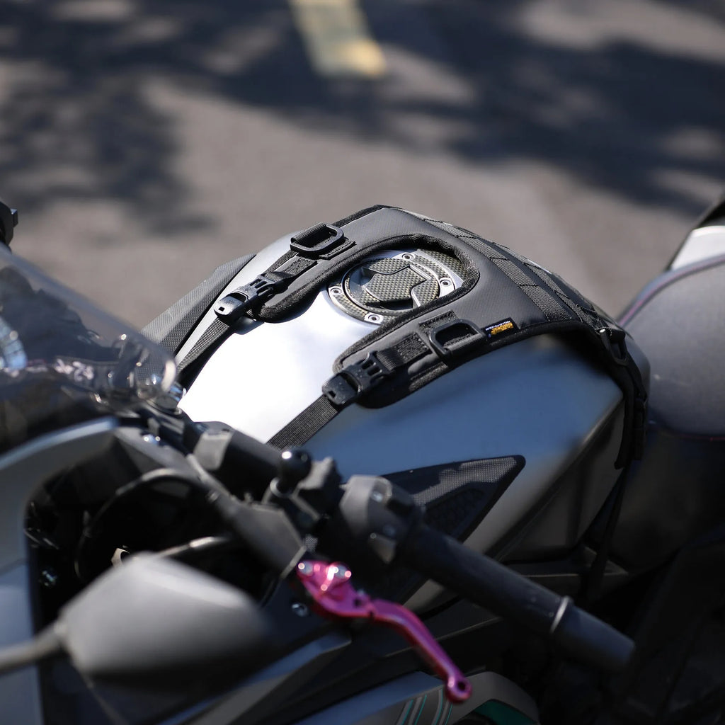 Polyester motorcycle fuel tank vest mount in MT001A colour with three black straps on a bike tank