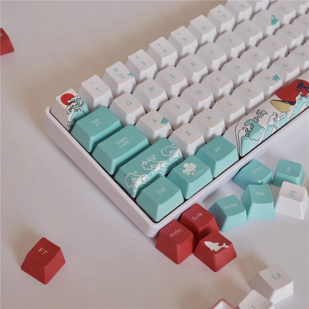 Coral Sea themed PBT dye-sublimation keycap set for mechanical keyboards, includes large custom keys.