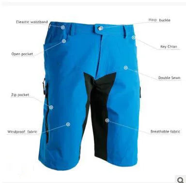 Outdoor cycling shorts in black with elastic waistband and side pockets on a plain background