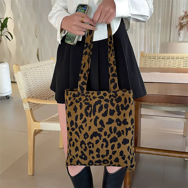 Retro corduroy leopard print shoulder bag with soft vertical square shape and open outer pocket