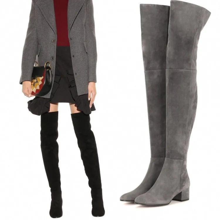 Grey suede women's over-the-knee flat boots with pointed toe and low thick heel