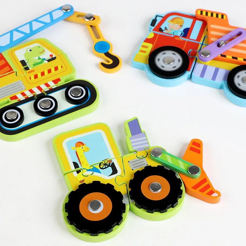 Children wooden traffic puzzle toy 14.8cm in bulldozer design for infants aged 0-3