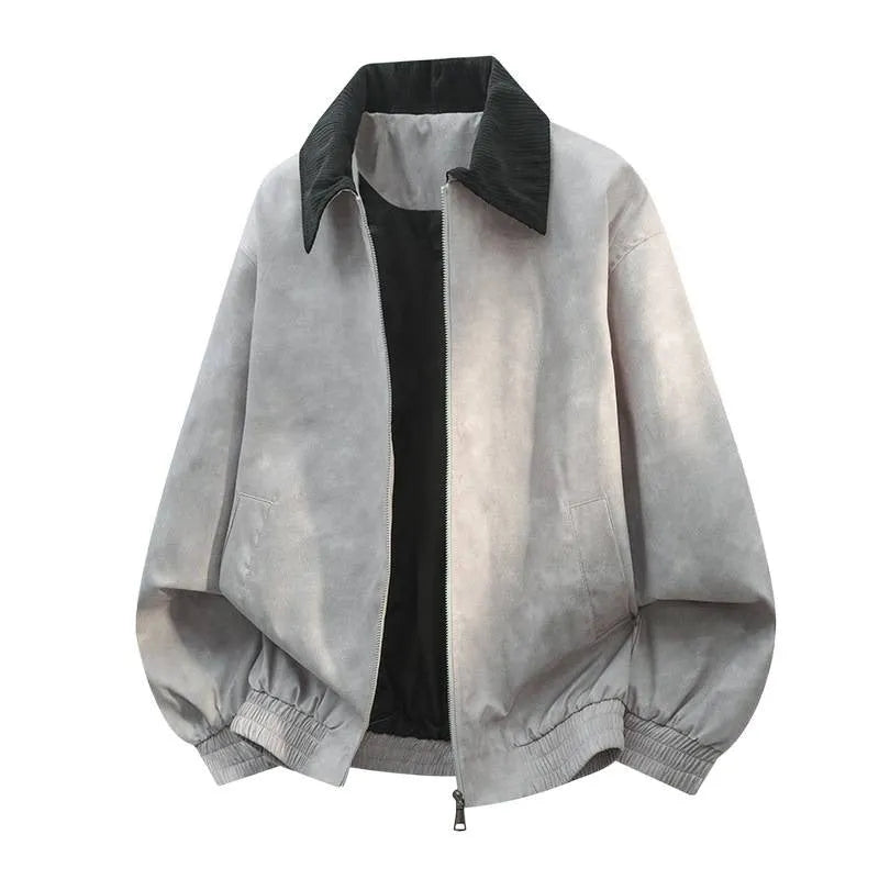 Men's stitching lapel casual jacket coat in Lycra fabric with straight hem and side seam pockets