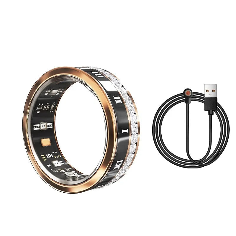 Silver and gold diamond smart rings for blood oxygen monitoring on a finger