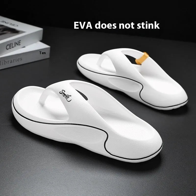 Men's open-toe EVA beach slippers with thick injection-moulded sole in black, khaki, or white, sizes 38-45