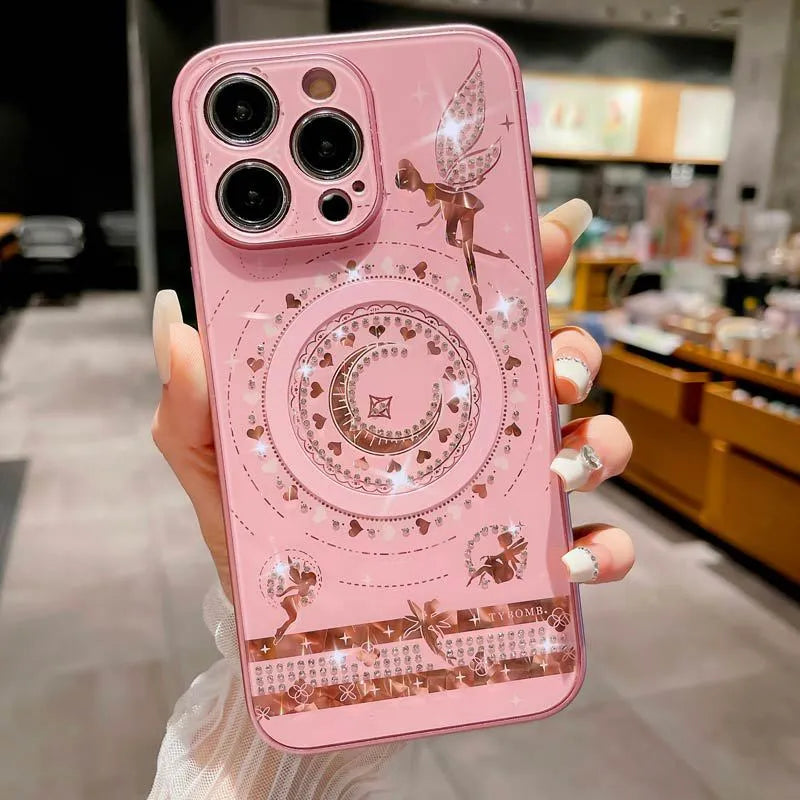 Butterfly fairy diamond magnetic phone case in pink, white, or rose gold for iPhone 11 to 15 Pro Max, with rhinestone bow and TPU PC shell