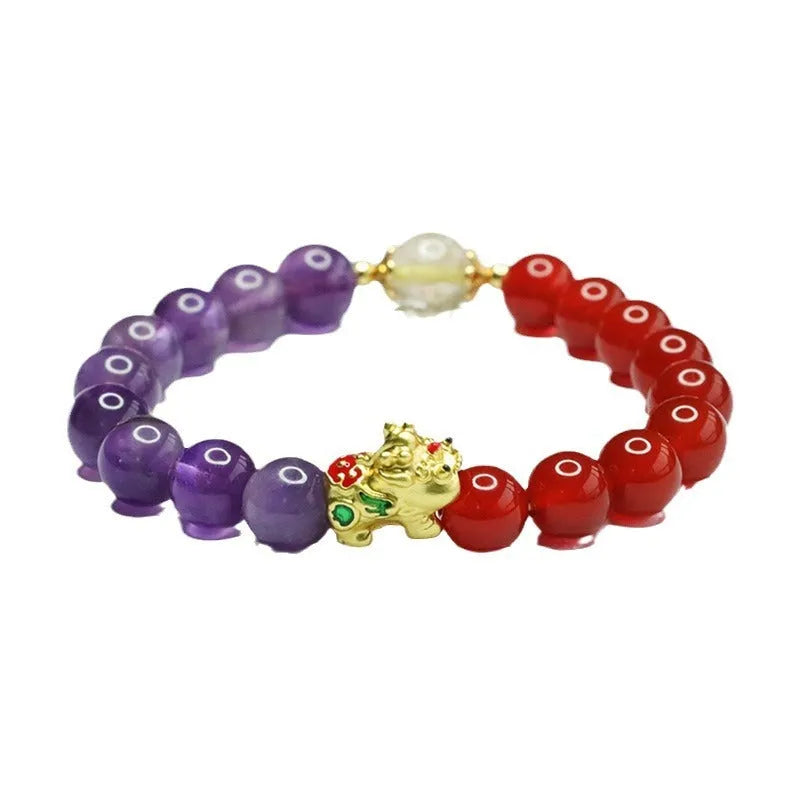 Purple amethyst and red agate beaded bracelet with Chinese style design on wrist