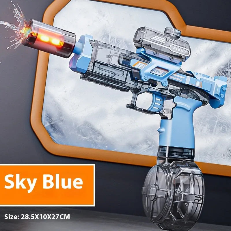 Electric water gun toy in blue and black with continuous pulse feature