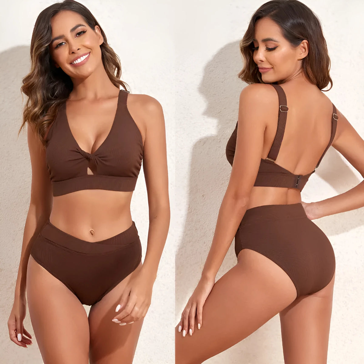 Women's high waist push up bikini set two piece swimsuit in brown with cross front design and side view