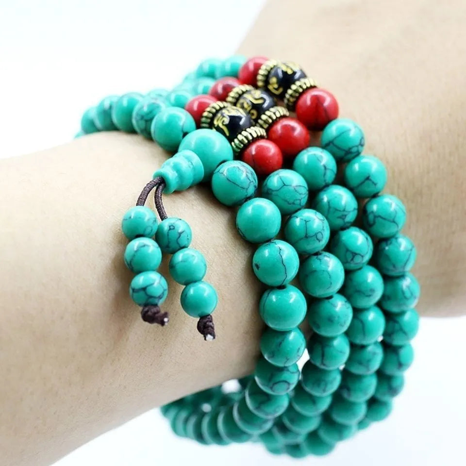 Turquoise Tibetan bracelet with 108 synthetic stone powder beads in 6mm and 8mm sizes