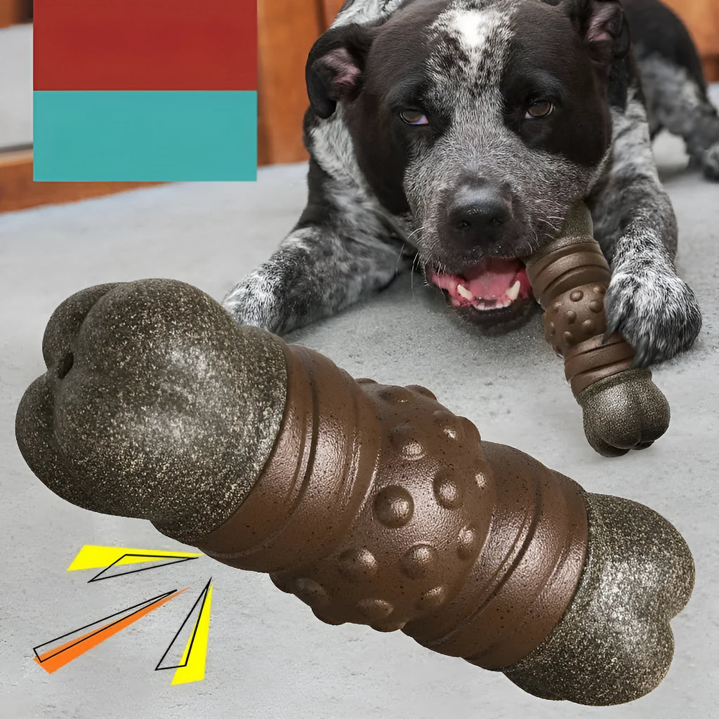 Wood colour plastic dog dental chew toy shaped like a bone with a ridged molar rod section.