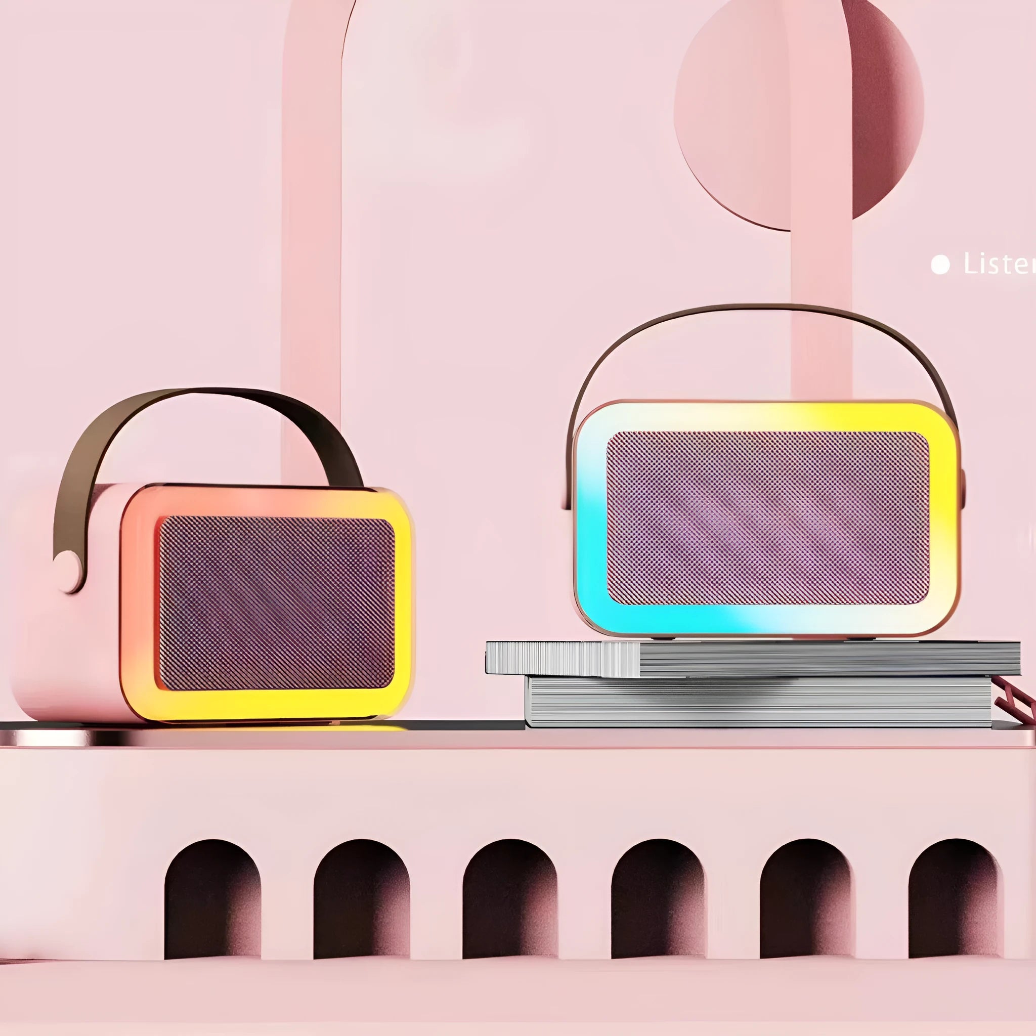 Portable Bluetooth speaker microphone with coloured LED lights in pink, sky blue, or white.