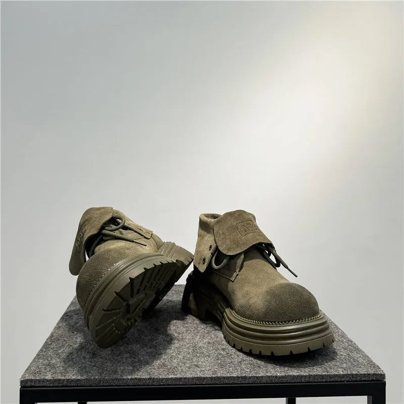 Men's retro distressed worker style platform boots in cow suede with two-way zip fastening
