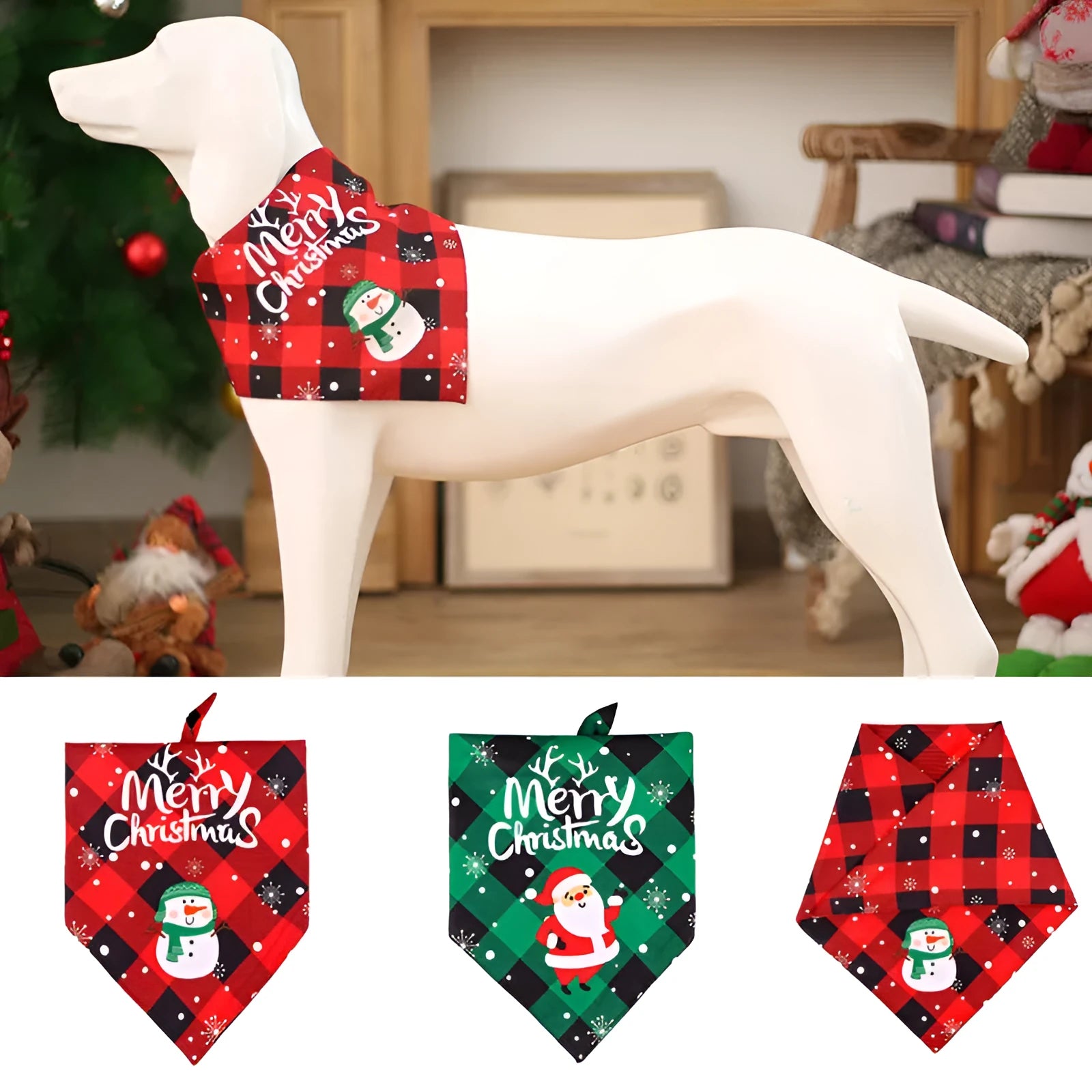 Red and black plaid Christmas pet towel on a dog, pure cotton scarf bib