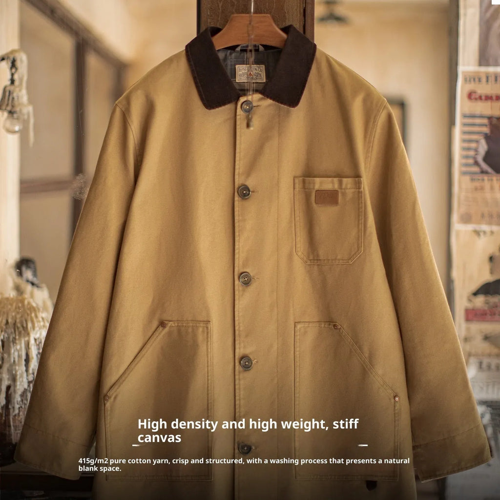 Men's khaki cotton trench coat, loose fit, mid-length, front view, solid colour