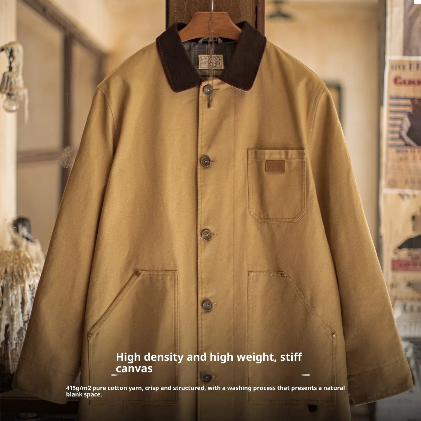 Men's khaki cotton trench coat, loose fit, mid-length, front view, solid colour